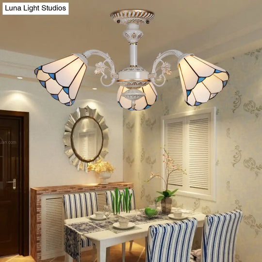 Traditional 3-Light White Glass Conical Ceiling Chandelier For Bedroom Lighting