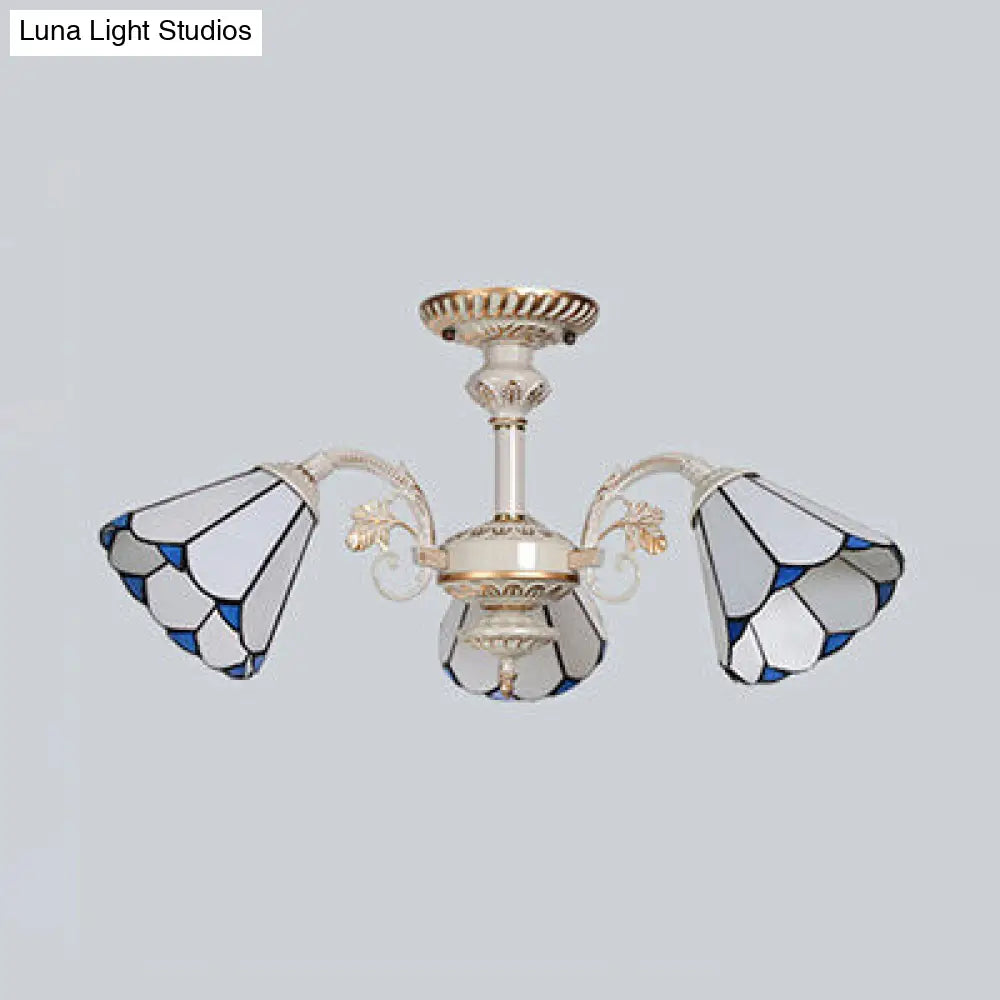 Traditional 3-Light White Glass Conical Ceiling Chandelier For Bedroom Lighting