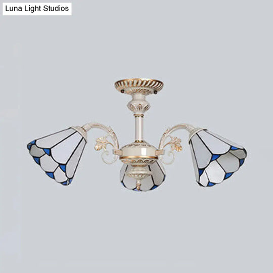 Traditional 3-Light White Glass Conical Ceiling Chandelier For Bedroom Lighting