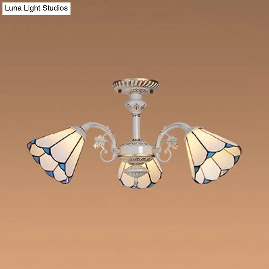 Traditional 3-Light White Glass Conical Ceiling Chandelier For Bedroom Lighting