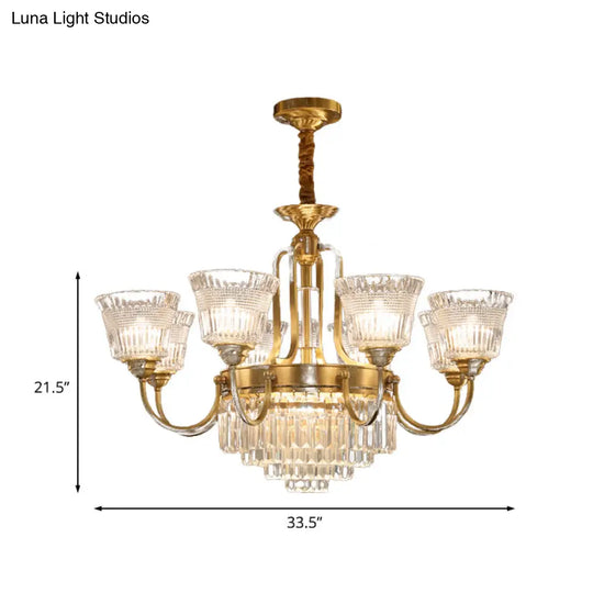 Traditional 6/8-Head Brass Chandelier With Bell Clear Glass Crystal Pendant For Living Room Lighting