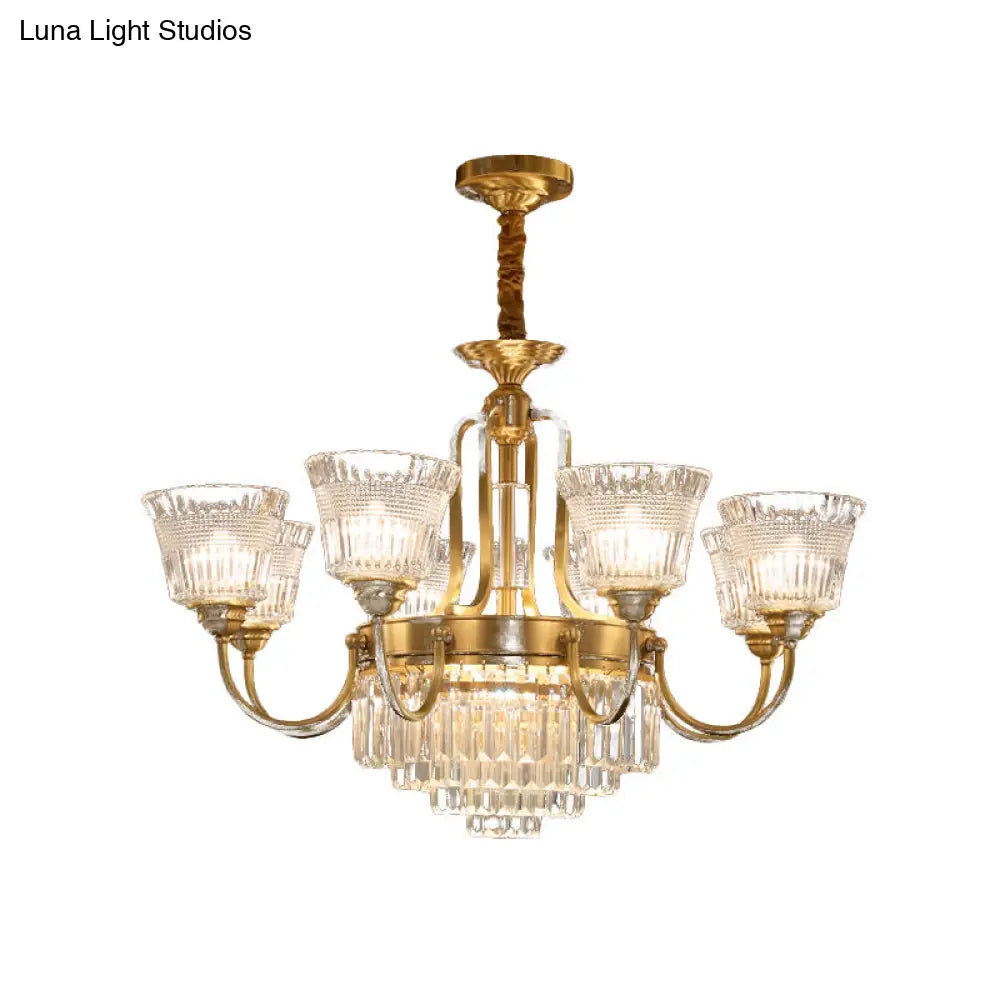 Traditional 6/8-Head Brass Chandelier With Bell Clear Glass Crystal Pendant For Living Room Lighting