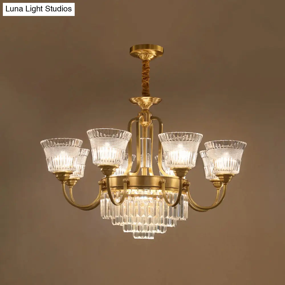 Traditional 6/8-Head Brass Chandelier With Bell Clear Glass Crystal Pendant For Living Room Lighting