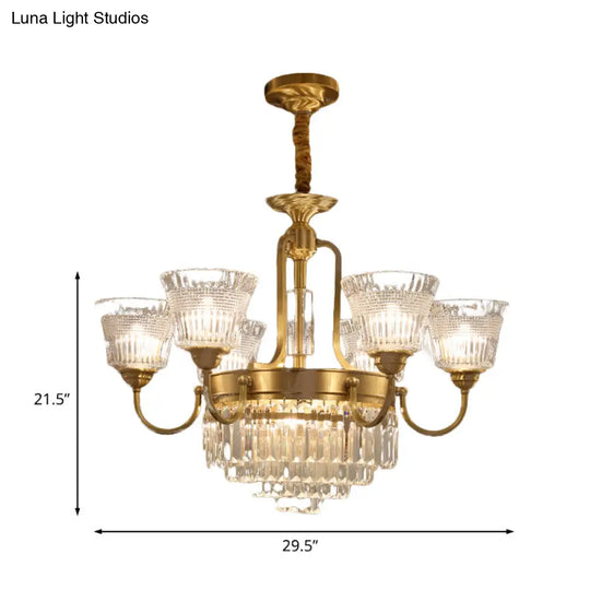 Traditional 6/8-Head Brass Chandelier With Bell Clear Glass Crystal Pendant For Living Room Lighting