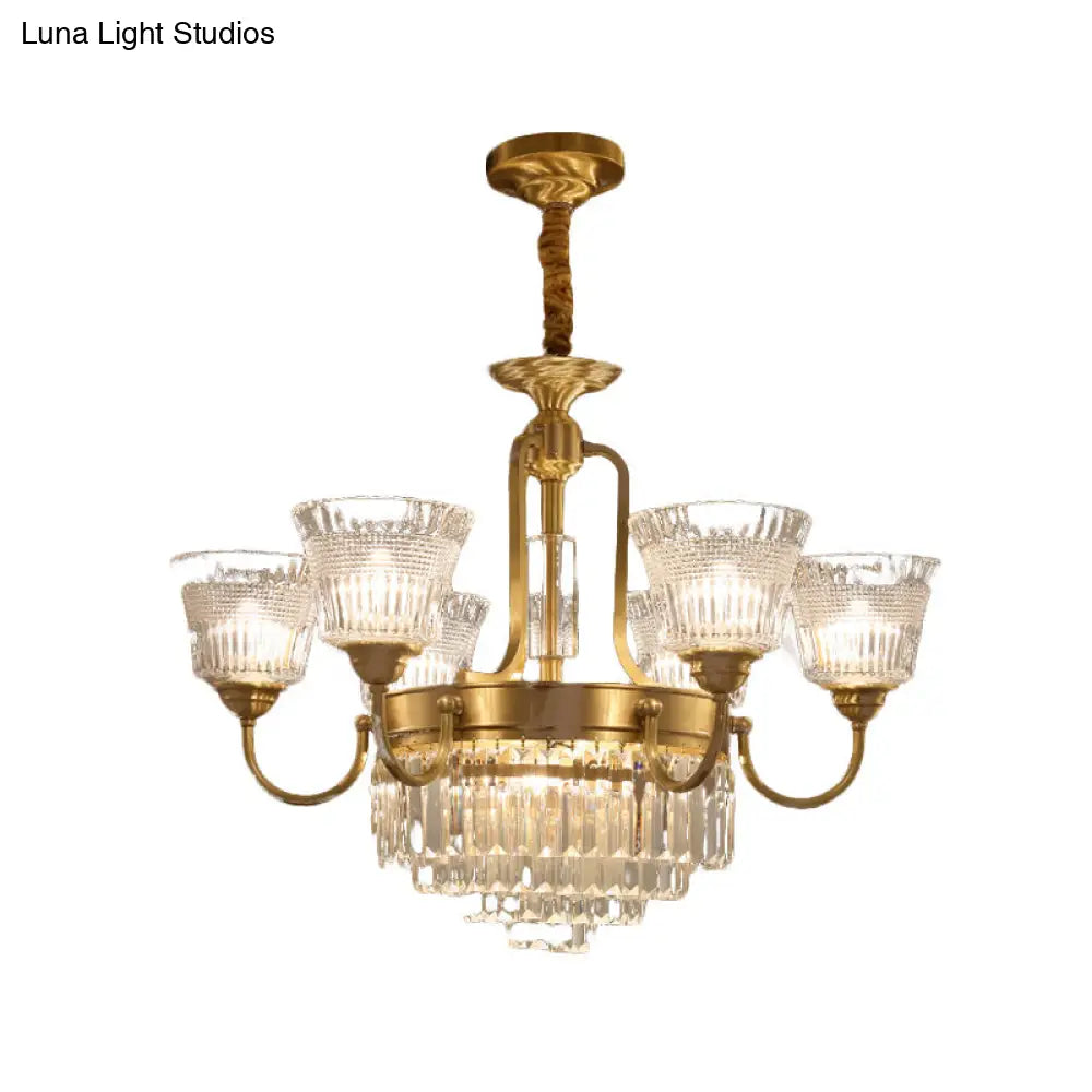 Traditional 6/8-Head Brass Chandelier With Bell Clear Glass Crystal Pendant For Living Room Lighting