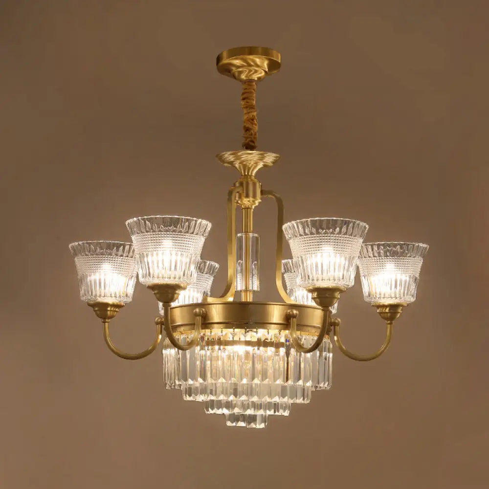 Traditional 6/8-Head Brass Chandelier With Bell Clear Glass Crystal Pendant For Living Room Lighting