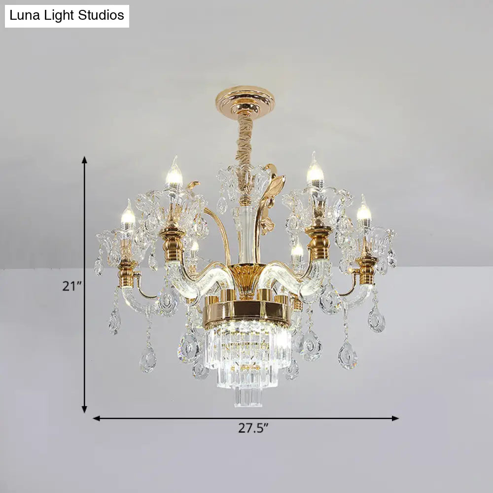 Traditional 6-Light Candelabra Chandelier In Gold With Clear Glass And Crystal Accent - Dining Room