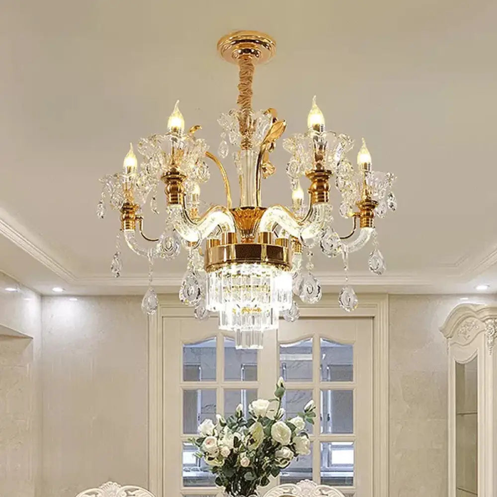 Traditional 6-Light Candelabra Chandelier In Gold With Clear Glass And Crystal Accent - Dining Room