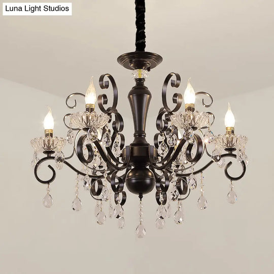 Traditional 6-Light Candlestick Chandelier: Black Faceted Ball Suspension Lamp