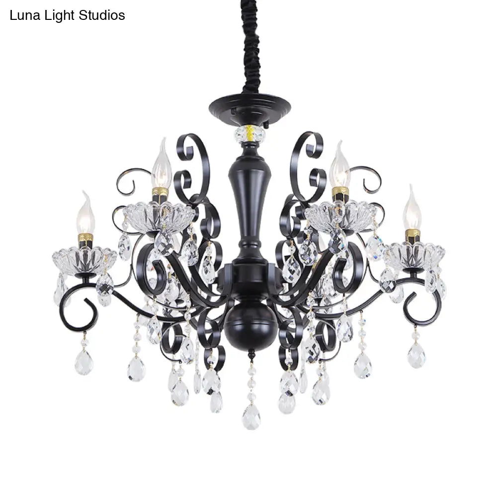 Traditional 6-Light Candlestick Chandelier: Black Faceted Ball Suspension Lamp