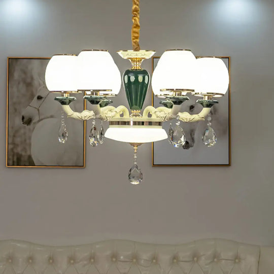 Traditional 6-Light Ceiling Chandelier With White Glass Shades For Living Room