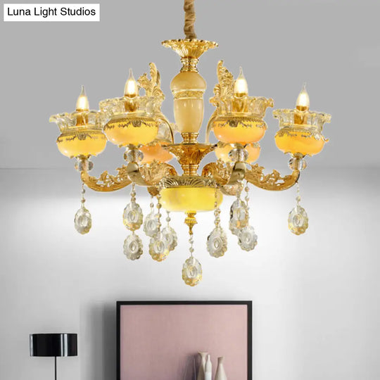 Traditional 6-Light Chandelier With Vase Mable Shade And Crystal Drape For Dining Hall Ceiling Gold