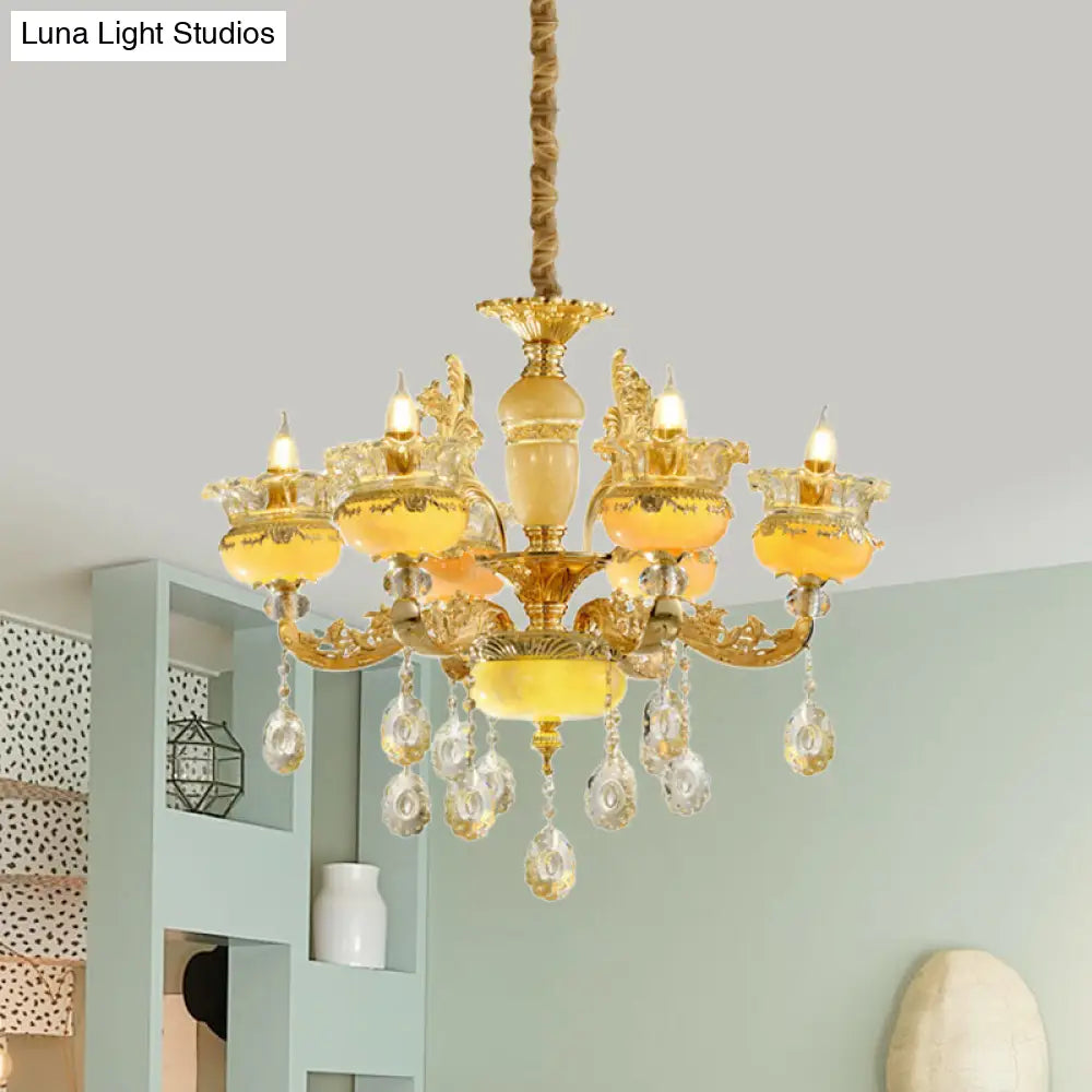 Traditional 6-Light Chandelier With Vase Mable Shade And Crystal Drape For Dining Hall Ceiling