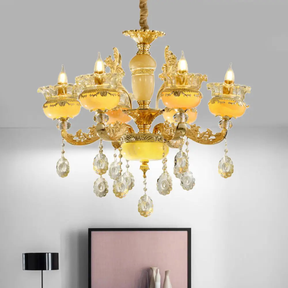 Traditional 6-Light Chandelier With Marble Vase Shade And Crystal Drapes Gold