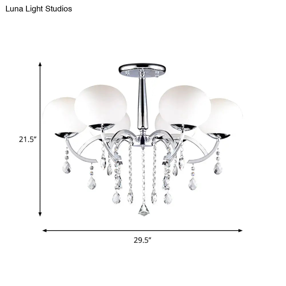 Traditional 6-Light Chrome Semi Chandelier With Milky Glass Balls And Crystal Droplets