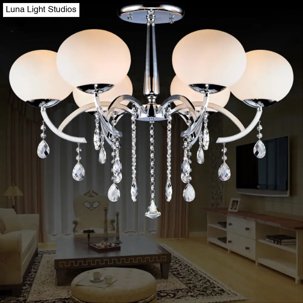 Traditional 6-Light Chrome Semi Chandelier With Milky Glass Balls And Crystal Droplets