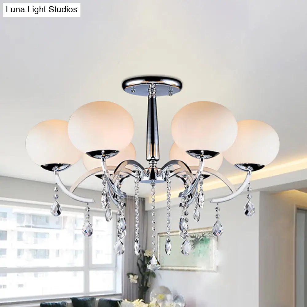 Traditional 6 - Light Chrome Semi Chandelier With Milky Glass Balls And Crystal Droplets
