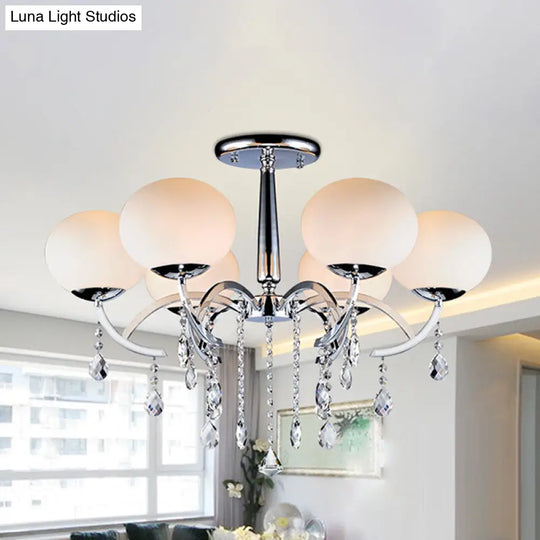 Traditional 6-Light Chrome Semi Chandelier With Milky Glass Balls And Crystal Droplets