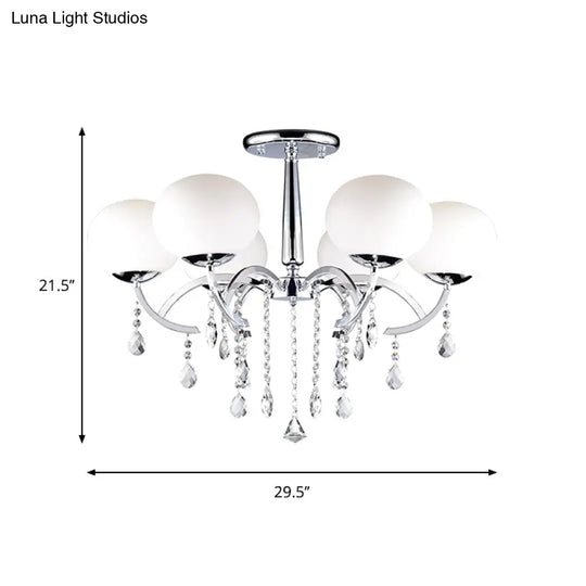 Traditional 6 - Light Chrome Semi Chandelier With Milky Glass Balls And Crystal Droplets