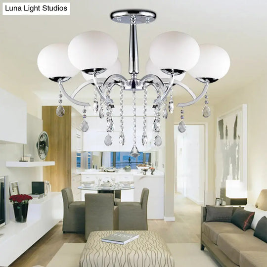Traditional 6 - Light Chrome Semi Chandelier With Milky Glass Balls And Crystal Droplets