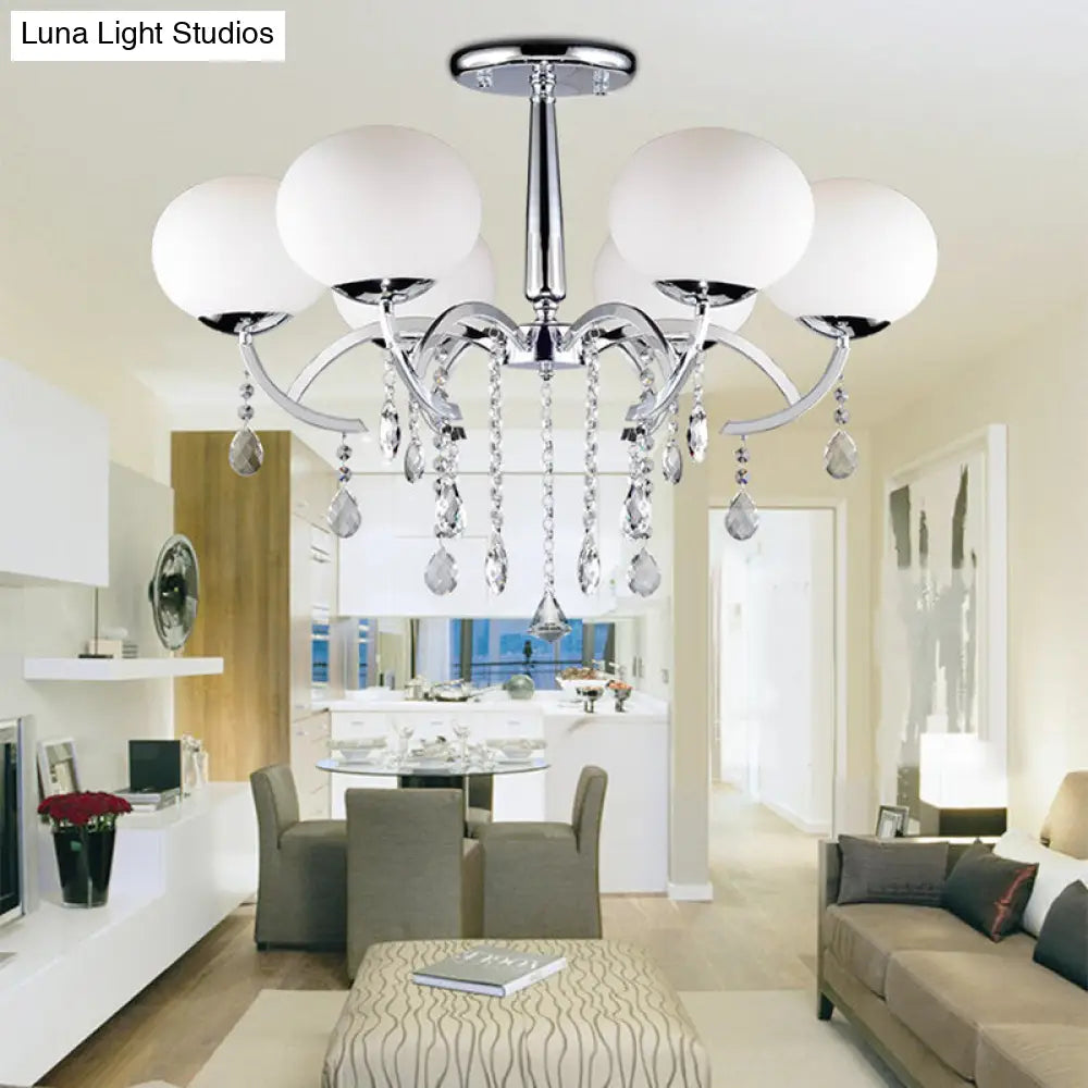 Traditional 6-Light Chrome Semi Chandelier With Milky Glass Balls And Crystal Droplets