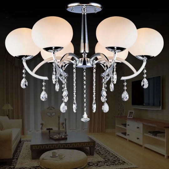 Traditional 6 - Light Chrome Semi Chandelier With Milky Glass Balls And Crystal Droplets