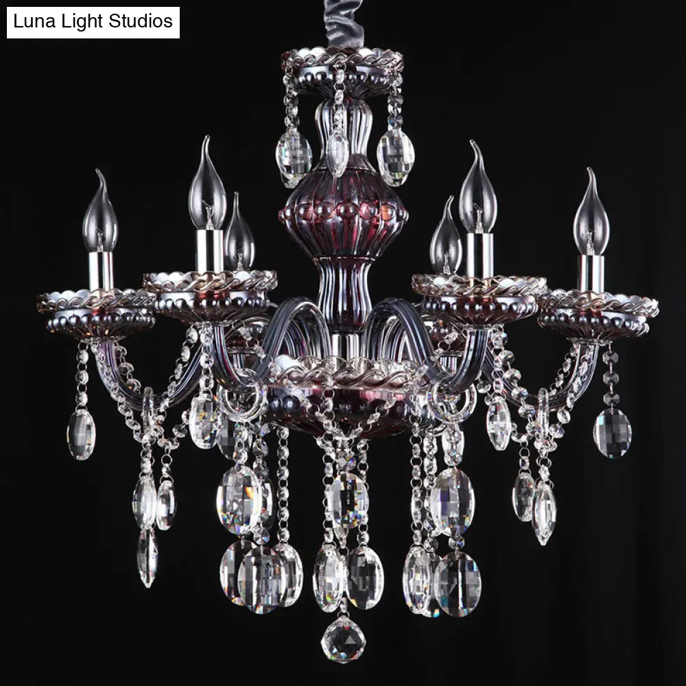 Traditional 6-Light Crystal Chandelier: Clear-Red Hanging Fixture For Living Room