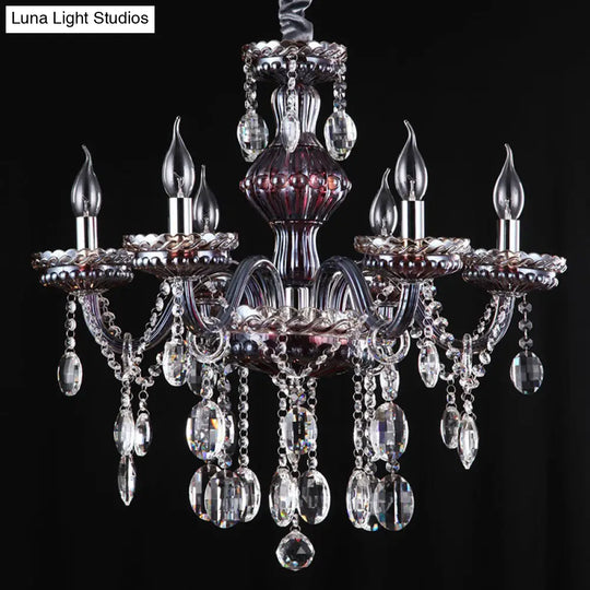 Traditional 6-Light Crystal Chandelier: Clear-Red Hanging Fixture For Living Room