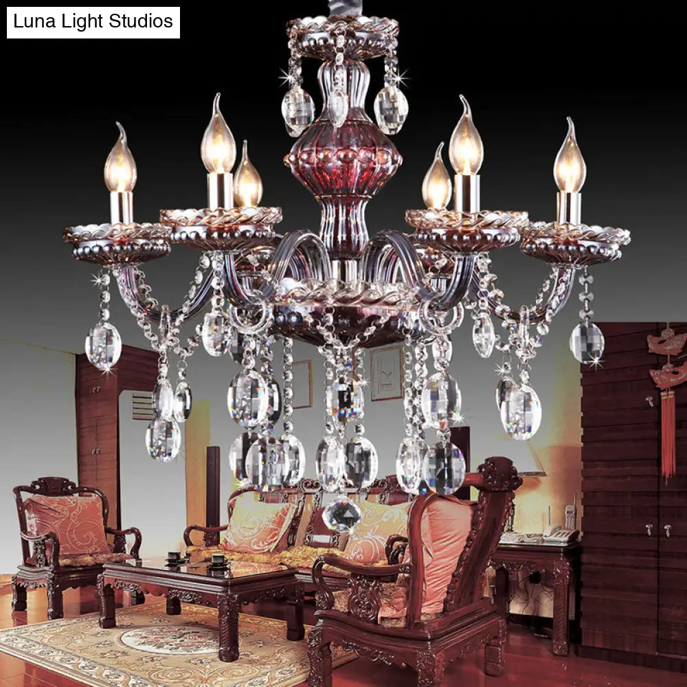 Traditional 6-Light Crystal Chandelier: Clear-Red Hanging Fixture For Living Room