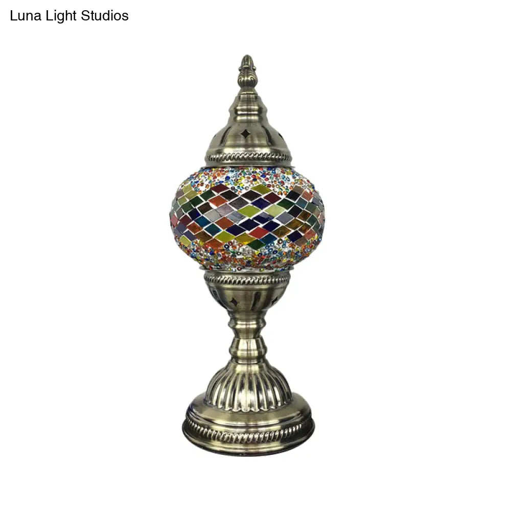 Traditional Aged Brass Coffee House Table Lamp With Colored Glass Shade