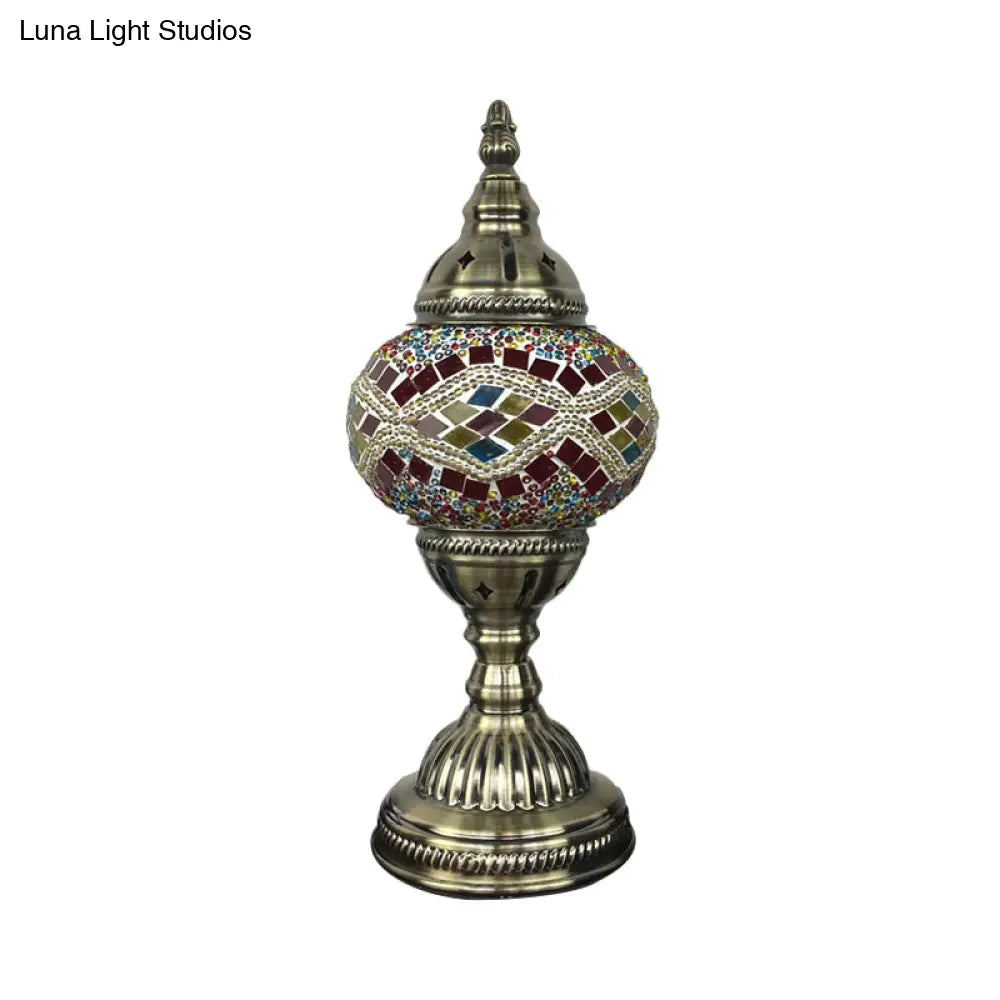 Traditional Aged Brass Coffee House Table Lamp With Colored Glass Shade