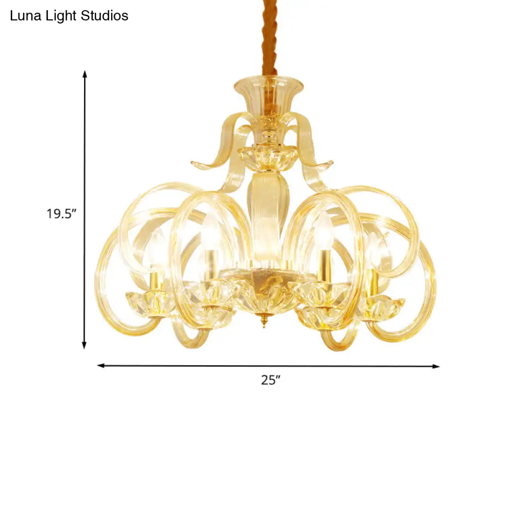 Traditional Amber Glass Candle Chandelier - 6-Bulb Living Room Hanging Lamp With Curved Arm