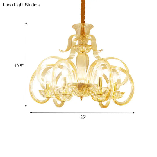 Traditional Amber Glass Candle Chandelier - 6-Bulb Living Room Hanging Lamp With Curved Arm