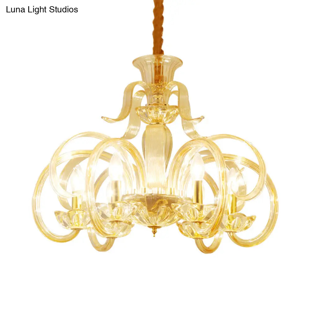 Traditional Amber Glass Candle Chandelier - 6-Bulb Living Room Hanging Lamp With Curved Arm