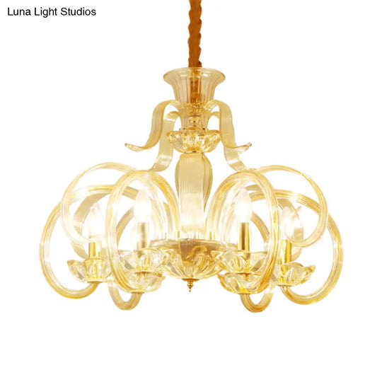 Traditional Amber Glass Candle Chandelier - 6-Bulb Living Room Hanging Lamp With Curved Arm