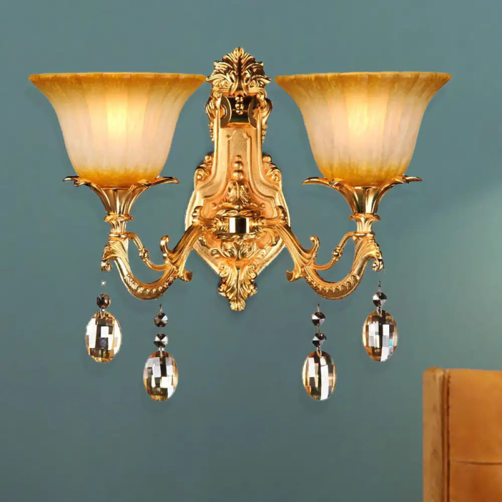 Traditional Amber Glass Wall Mount Sconce Light With Brass Finish - 2 Heads Ideal For Living Room