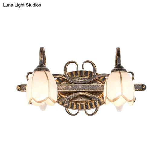 Traditional Antique Brass Vanity Light With Frosted Glass And Floral Design - 2/3 Lights