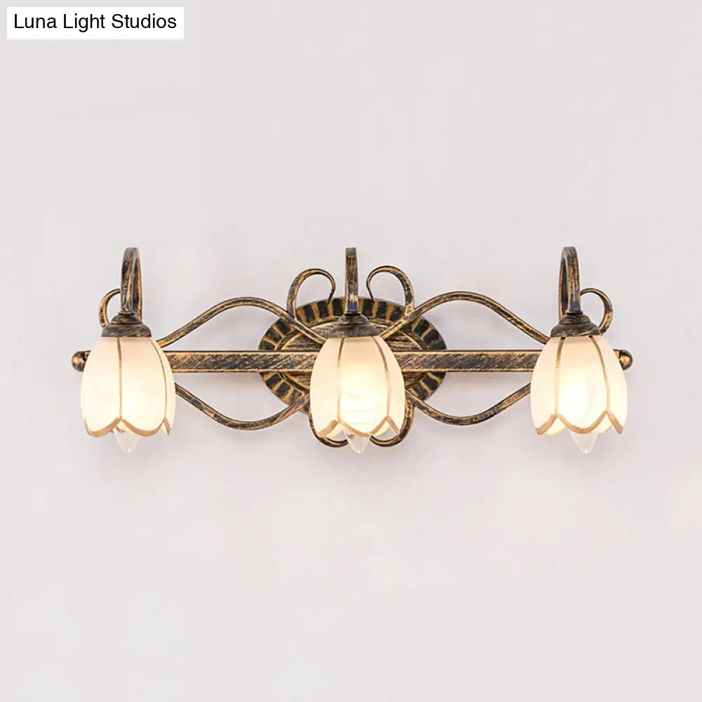 Traditional Antique Brass Vanity Light With Frosted Glass And Floral Design - 2/3 Lights