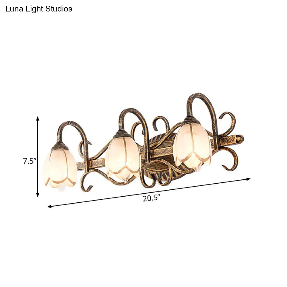 Traditional Antique Brass Vanity Light With Frosted Glass And Floral Design - 2/3 Lights