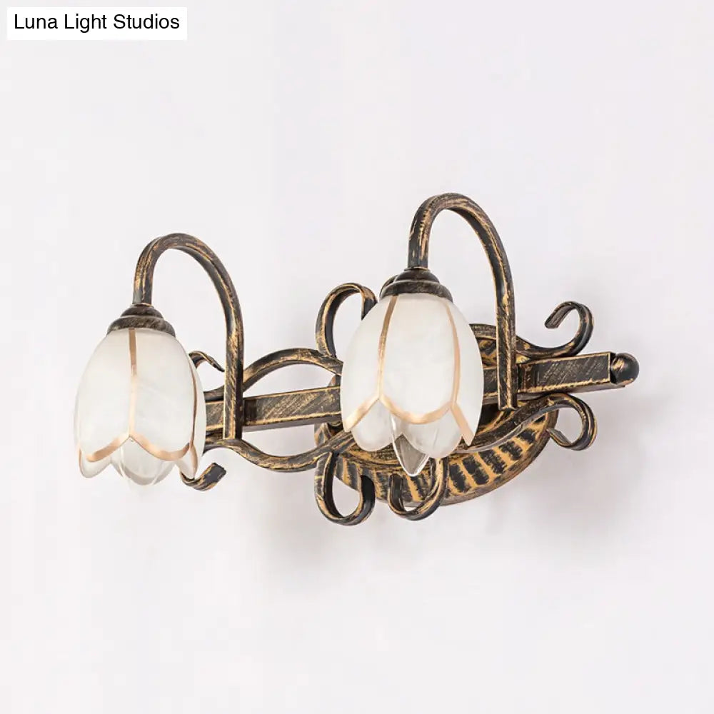 Traditional Antique Brass Vanity Light With Frosted Glass And Floral Design - 2/3 Lights