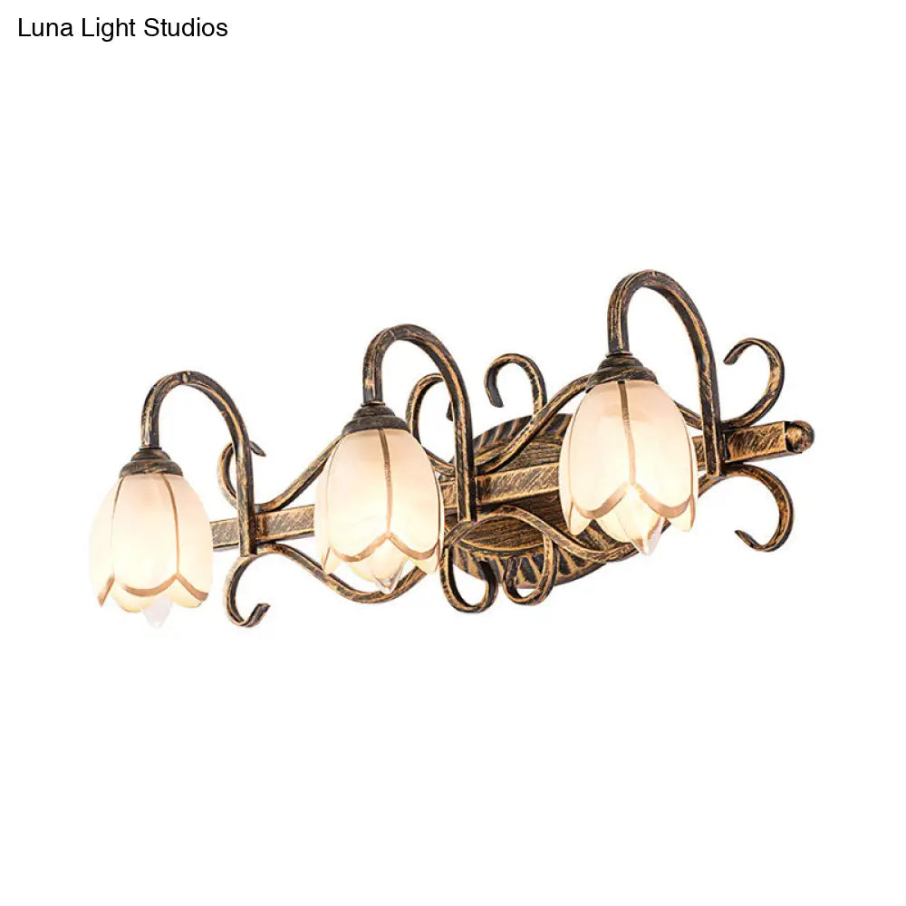 Traditional Antique Brass Vanity Light With Frosted Glass And Floral Design - 2/3 Lights