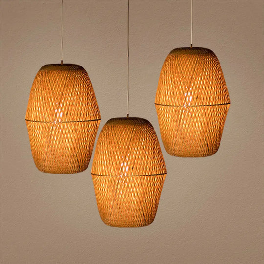 Traditional Bamboo Wood Bell Pendant Light - Single Bulb Hanging Lamp Kit For Restaurants