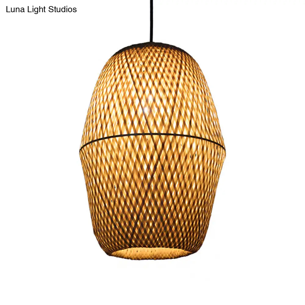 Traditional Bamboo Wood Bell Pendant Light - Single Bulb Hanging Lamp Kit For Restaurants