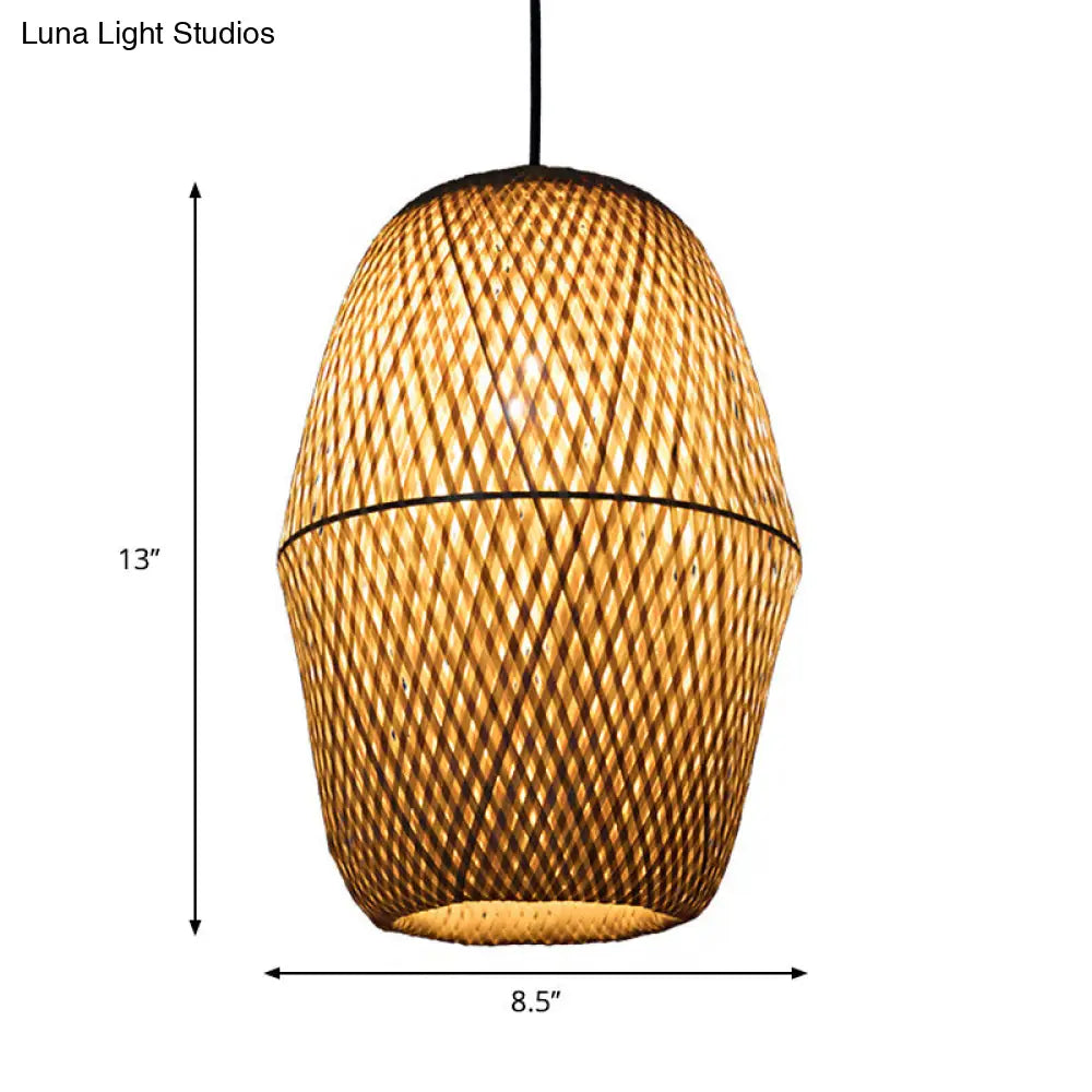 Wooden Bell Pendant Light Bamboo Tradition - Restaurant Hanging Lamp Kit With 1 Bulb