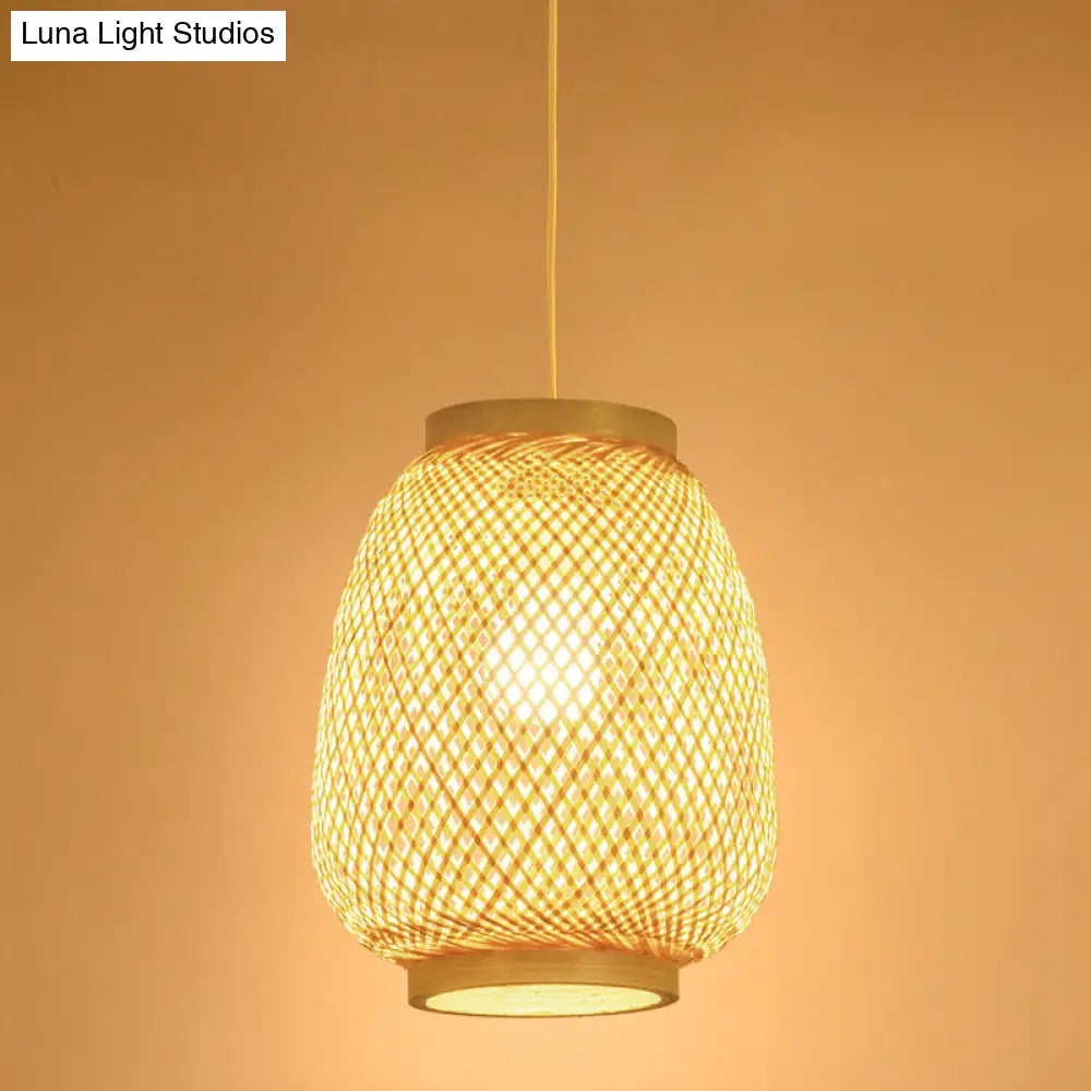 Traditional Bamboo Lantern Pendant Light For Teahouse - 1 Bulb Hanging Lamp Kit