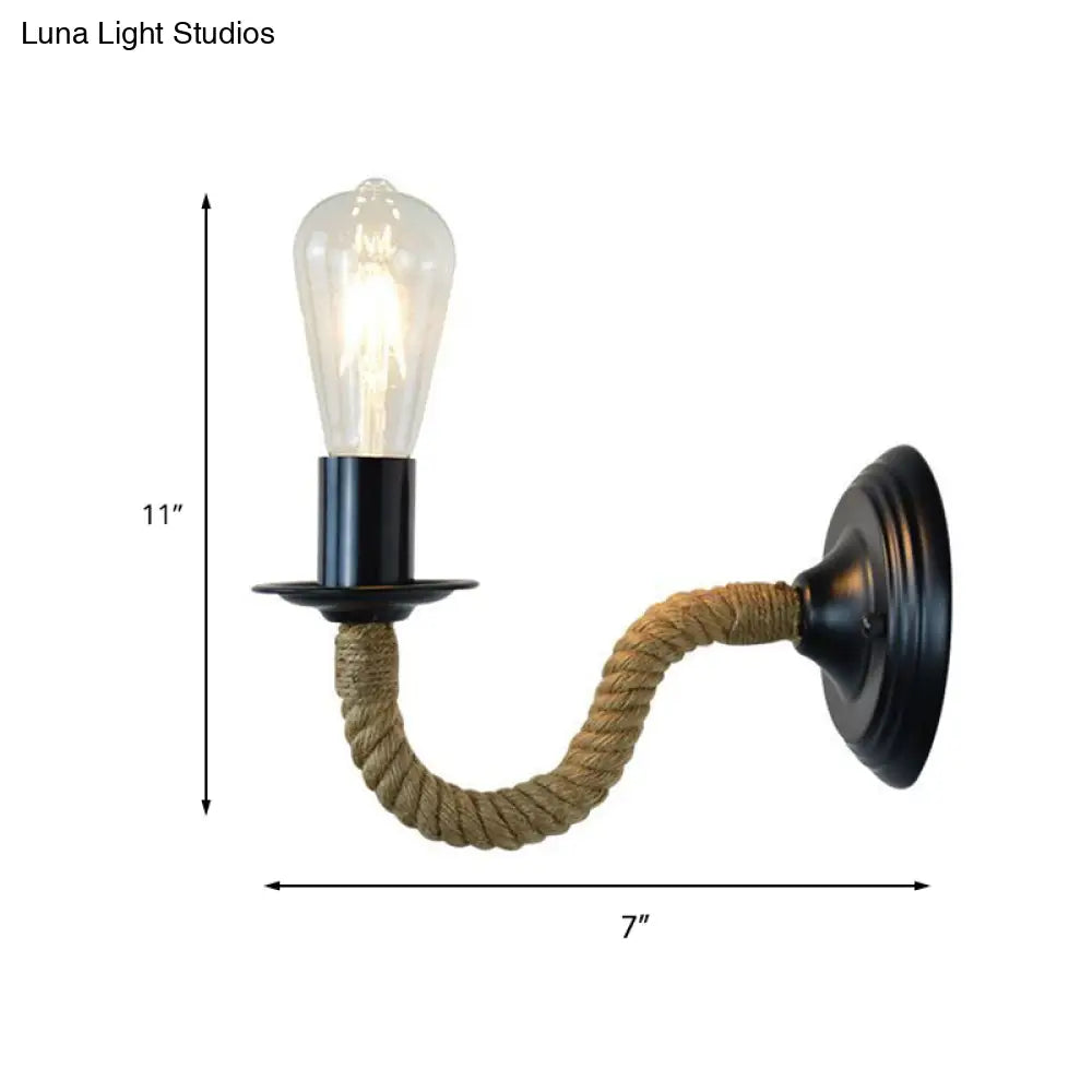 Traditional Bare Bulb Sconce Light Fixture - 1-Light Metal Wall Mount With Rope-Wrapped Arm In Black