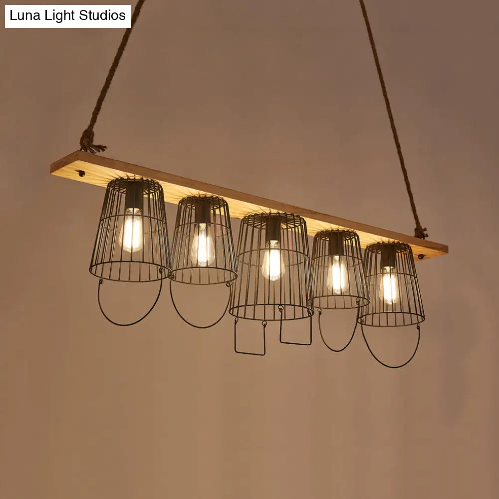 Traditional Barrel Metal Island Pendant Light With 5 Lights And Wood Accents For Dining Room