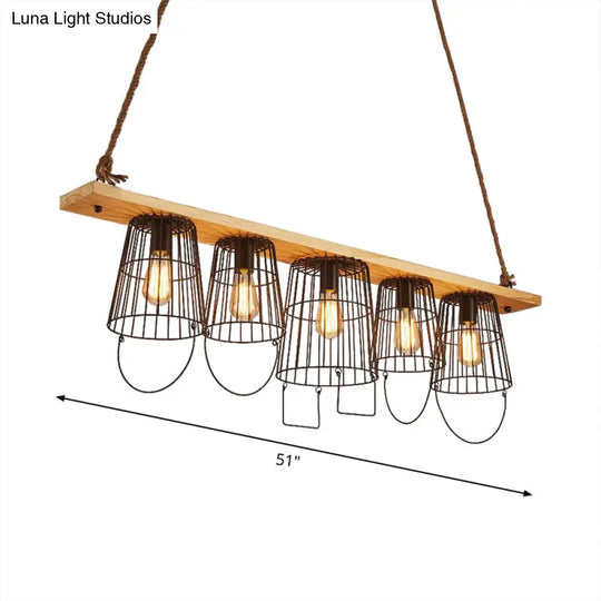 Traditional Barrel Metal Island Pendant Light With 5 Lights And Wood Accents For Dining Room