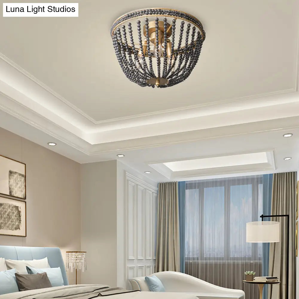 Traditional Beaded Black Crystal Flush Mount Ceiling Lamp - 3-Light Brass Fixture For Bedrooms