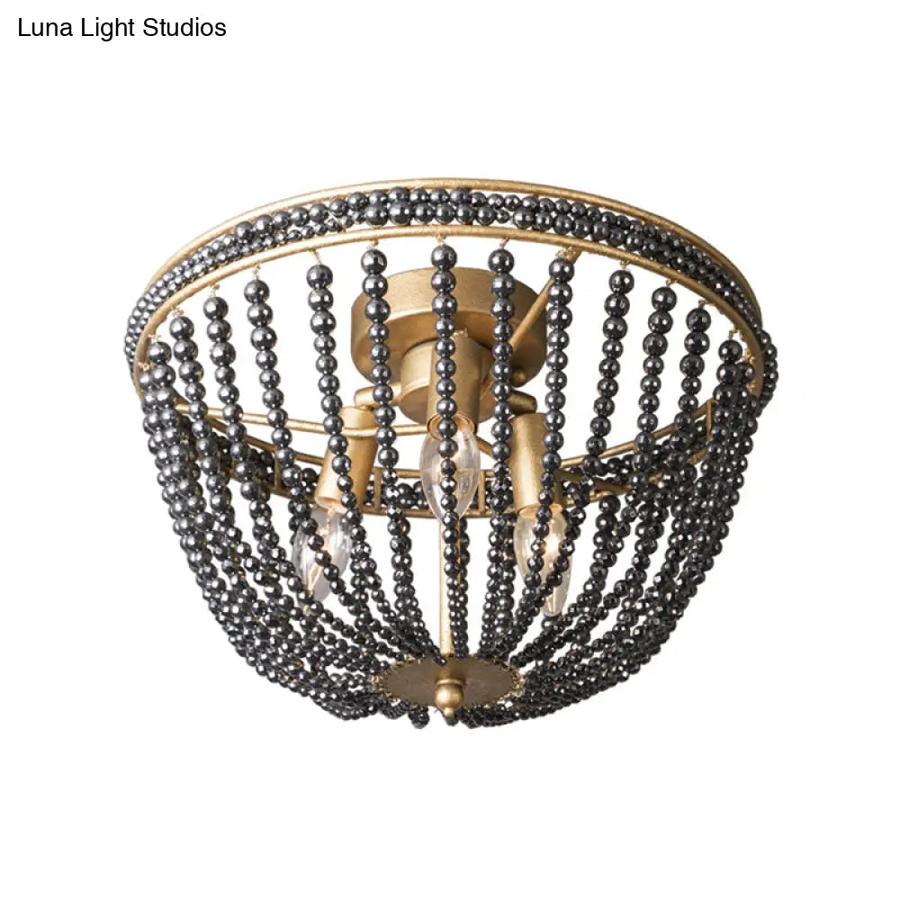 Traditional Beaded Black Crystal Flush Mount Ceiling Lamp - 3-Light Brass Fixture For Bedrooms